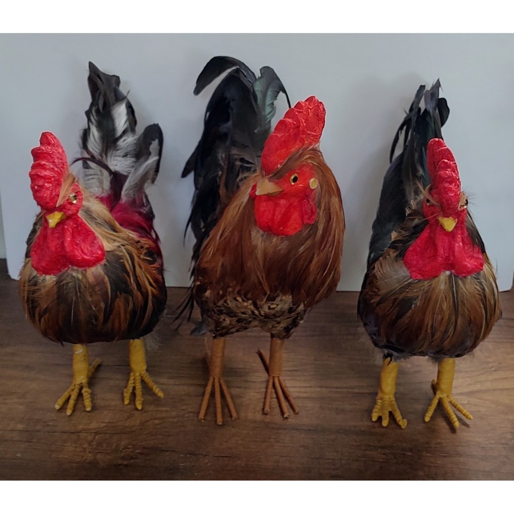 Realistic Rooster Chicken Real Feathers Farmhouse Decor Lot Of 3 D2
